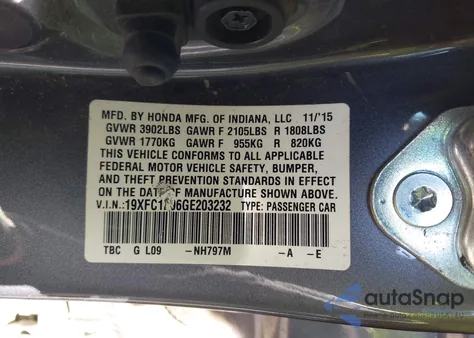 2016 Honda Civic Touring from USA, damaged, VIN 19XFC1F96GE203232